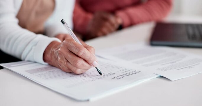 Senior couple, writing and home documents for signature, contract agreement and retirement or asset management. Financial advisor, clients or people hands with paperwork insurance, pension or policy