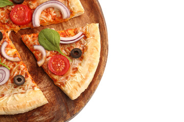 Board of tasty pizza with basil and tomatoes on white background