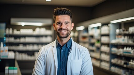 Fototapeta premium Handsome young male caucasian druggist pharmacist in white medical coat smiling and looking at camera in pharmacy drugstore