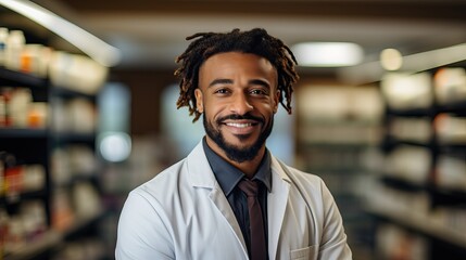 Obraz premium Handsome young male caucasian druggist pharmacist in white medical coat smiling and looking at camera in pharmacy drugstore