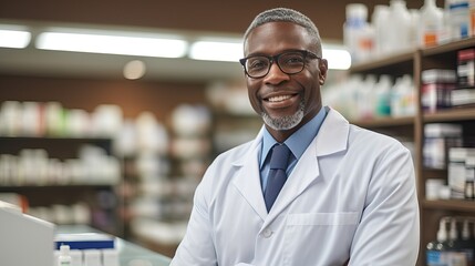 Obraz premium Handsome young male caucasian druggist pharmacist in white medical coat smiling and looking at camera in pharmacy drugstore