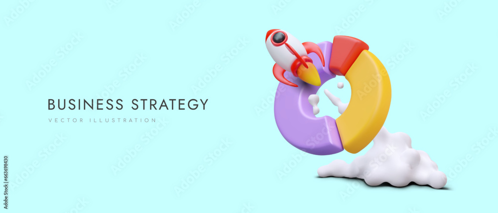 Poster business strategy concept. space rocket flies through pie chart with different colored sectors. deve
