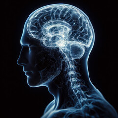 a x-ray scan of a human brain organ. anatomy of a male person. blue holographic abstract concept. desktop wallpaper background