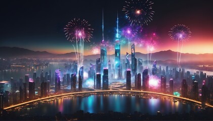 Obraz premium A vibrant, futuristic metropolis at night, with gigantic holographic displays filling the skyline, showcasing vibrant fireworks.