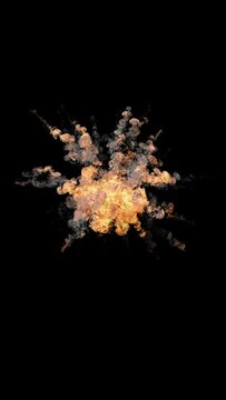 Video effect aerial explosion with smoke. 3d HQ animation in vertical aspect ratio 4K 2160x3840 resolution, 30fps with alpha channel (transparency).