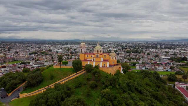 Church Cholula Puebla Mexico Night iglesia Santuario de la Virgen de los Remedios on Pyramid drone View night day Timelapse Cempasuchil Fields