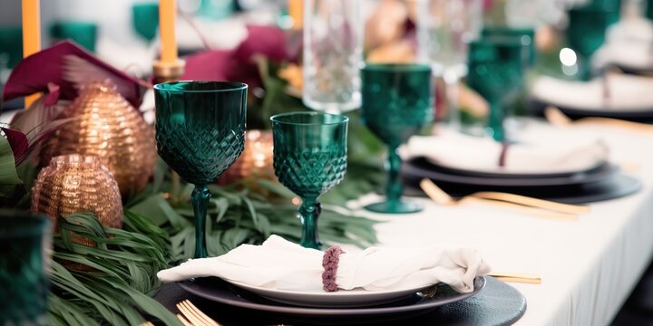 The luxurious plates and glasses on the table at the party give the impression of being luxurious and simple