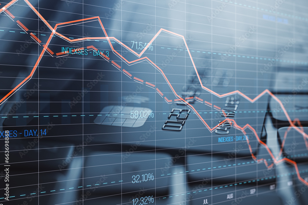 Poster close up of laptop keyboard with bank card and glowing downward red forex chart on blurry background