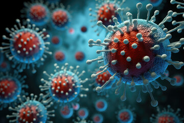 Virus or Bacteria microbial particles background, magnified under microscope that showing disease cell and cell structure, pathogen and pandemic infection medical health concept.