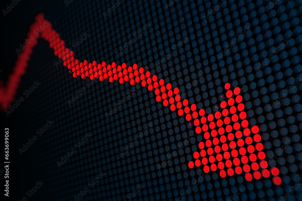 Poster Creative downward red pixel arrow on dark background. 3D Rendering.