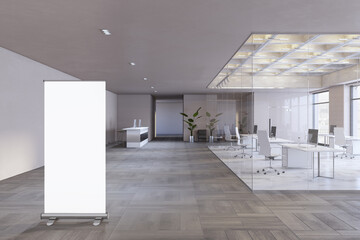 Modern spacious coworking office interior with empty white mock up frame, glass partition, panoramic windows and city view, furniture and daylight. 3D Rendering.