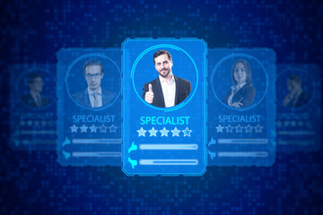 Online recruitment application and one day specialist online search service concept with virtual profile cards, containing ratings and candidate photos on blurry blue backdrop.