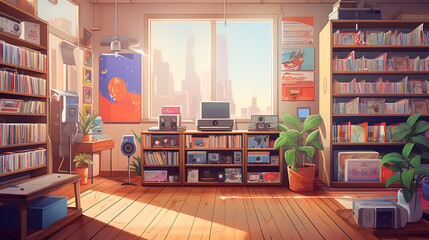 a nostalgic lofi-style record store interior with shelves of vintage vinyl records, a listening station with headphones, and colorful album covers, celebrating the joy of music discovery