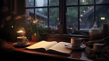  a moment of a lofi-style rainy day with a view through a rain-splattered window, featuring a cozy reading nook with a blanket and a steaming cup of tea, evoking a sense of comfort and tranquilit - obrazy, fototapety, plakaty