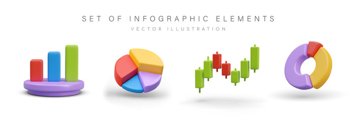Set of realistic infographic elements in different style. Histogram, pie chart and round diagram in green, yellow and purple colors. Vector illustration in 3d style - obrazy, fototapety, plakaty
