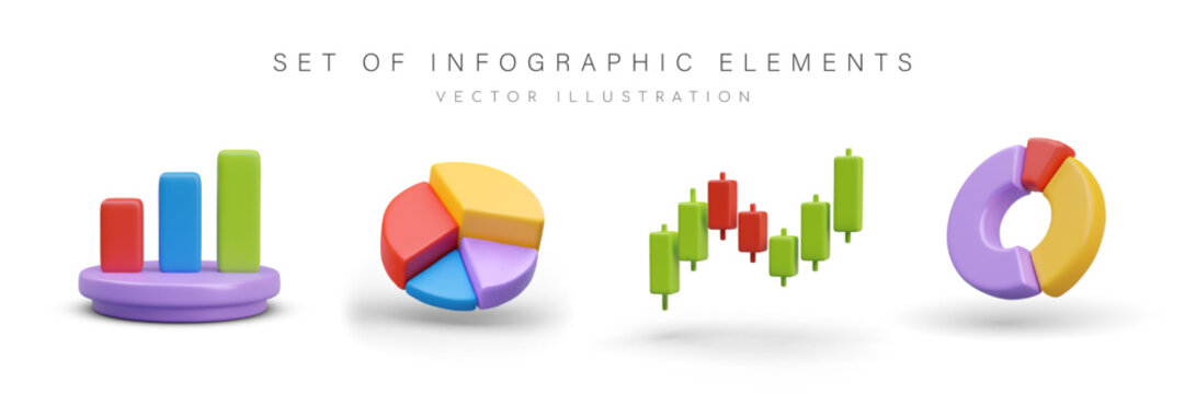 Set of realistic infographic elements in different style. Histogram, pie chart and round diagram in green, yellow and purple colors. Vector illustration in 3d style