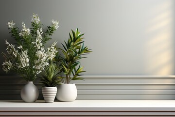 Flowers and plants in vase on grey wall background with copy space