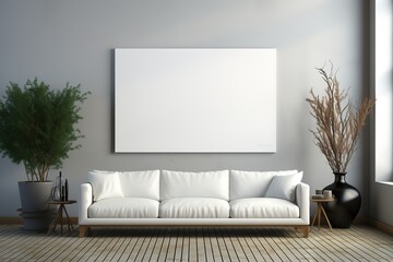 Interior of living room with white sofa and mock up poster