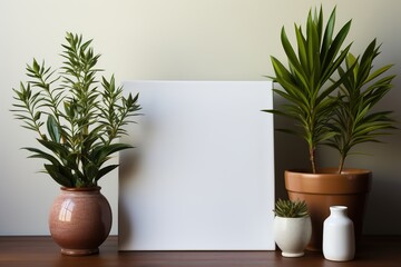Mockup of white sheet of paper on a wooden table next to a set of plants in a pot