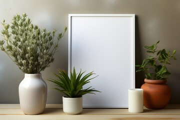 Mock up poster frame with plant in vase on wooden table