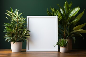 White frame mockup with green plants on wooden table