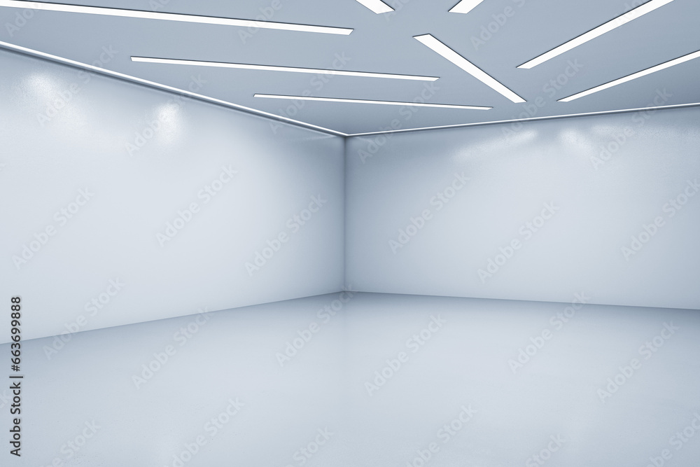 Poster new exhibition hall interior with empty mock up place on white wall. 3d rendering.