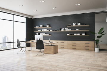 New wooden and concrete office interior with furniture, bookshelves with books, window with city view and daylight. Work and education concept. 3D Rendering. © Who is Danny