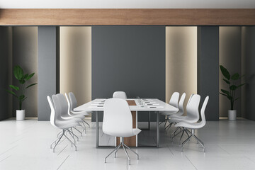 Modern meeting room interior with furniture and concrete flooring. 3D Rendering.