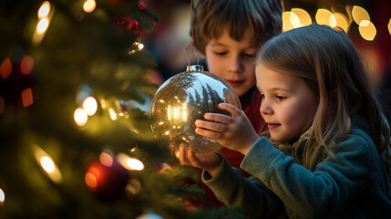 Naklejka premium With holiday spirit in their hearts, the kids gently added the giant Christmas ball to the beautifully adorned tree , generated by IA