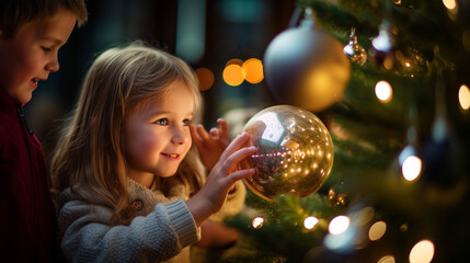 Naklejka premium As the children gathered around, they shared a magical moment adorning the Christmas tree with the jumbo ornament , generated by IA