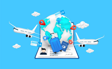 Airplane is taking off globe world map inside passport. Luggage blue, air ticket and cloud floating around with location pin. For media tourism ads design. Holiday travel concept. 3D Vector.
