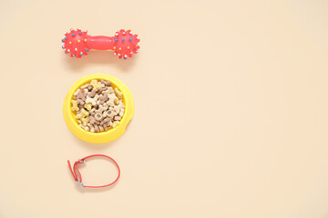 Bowl of dry pet food, rubber toy and collar on color background