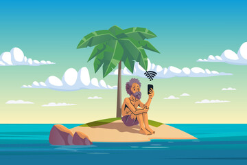 Obraz na płótnie Canvas A sad castaway man, stranded on an island in the middle of the ocean with no phone signal, vector illustration