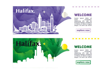 Canada Halifax city banner pack with abstract shapes of skyline, cityscape, landmarks and attractions. Nova Scotia town travel vector illustration set for brochure, website, page, presentation