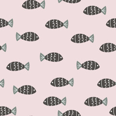 Hand drawn vector seamless cartoon fish pattern 