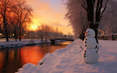 Rolgordijnen snowman winter sunset in the park © candyhalls
