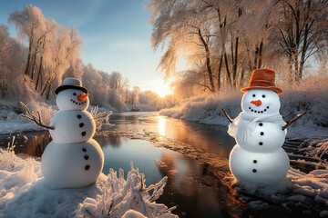 snowman in the snow frozen tree and river in background. - obrazy, fototapety, plakaty