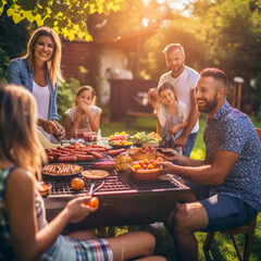 family having a barbecue party with neighbors. Generative AI