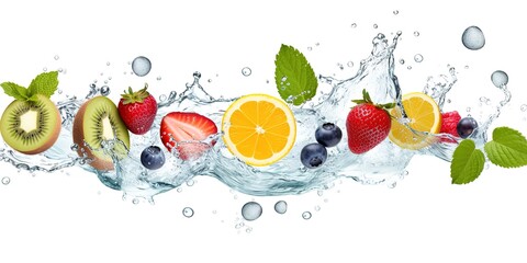 various fresh fruits with water splash isolated white background
