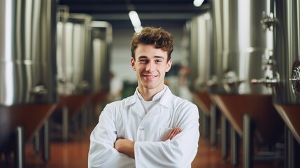 Brewery worker. Young human working in modern beer production factory, blurred large steel fermentation tanks in background