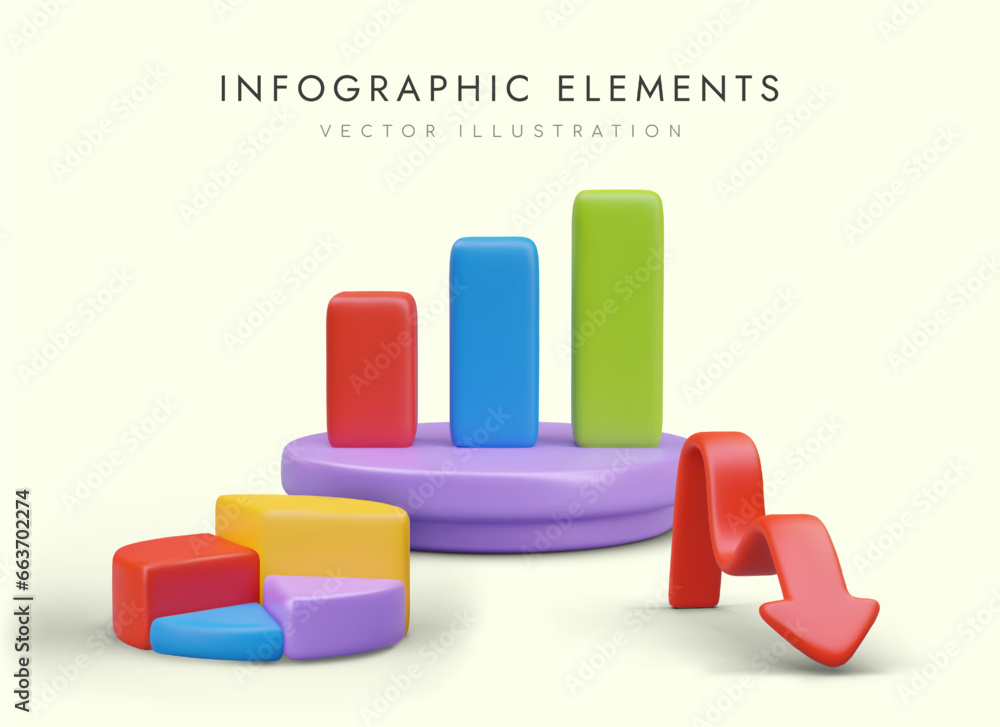 Aufkleber set of infographic elements. arrow, pie chart bar graph on podium. color statistics. profit, busines