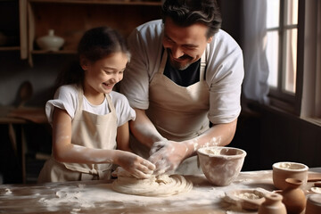 Obraz na płótnie Canvas Kitchen child flour family dough happy home girl daughter food cook