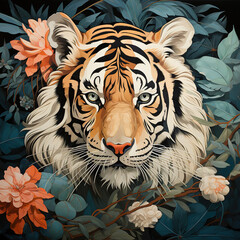 Jungle Majesty: A Tiger's Gaze Amidst Tropical Splendor,Vintage illustration of a tiger and plants