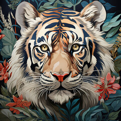 Jungle Majesty: A Tiger's Gaze Amidst Tropical Splendor,Vintage illustration of a tiger and plants