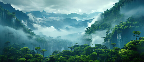 landscape in the fog, mountains and forrest
