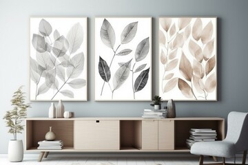Neutral wall art. Printable illustration. Modern rustic wall decoration for the room. Cover design, wallpaper. Botanical pattern. Leaves. Generative AI