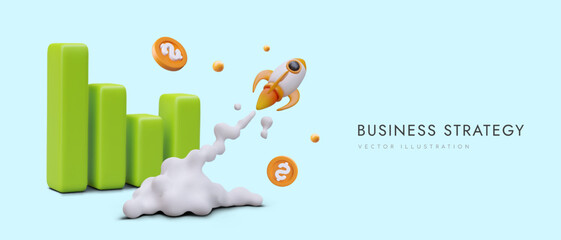 Successful business strategy. Spaceship flies up along growing bar graph, coins fly in all directions. Advertising vector template on colored background. Web design