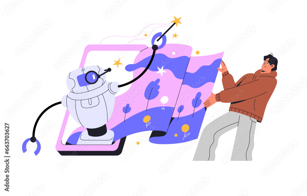 Poster neural networks concept. ai robot help designer to create art. computer and illustrator coworking, d
