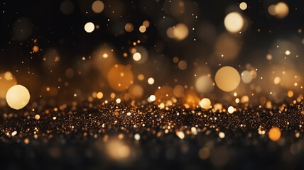 Fototapeta na wymiar Glistening golden particles illuminate a dreamy backdrop of soft bokeh lights, exuding an aura of elegant enchantment and festive serenity.