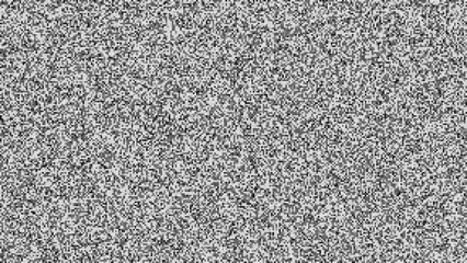 Pixelated black and white static noise on the screen. VHS glitch texture. Monochrome seamless pattern of TV broadcast error background. Abstract vector illustration